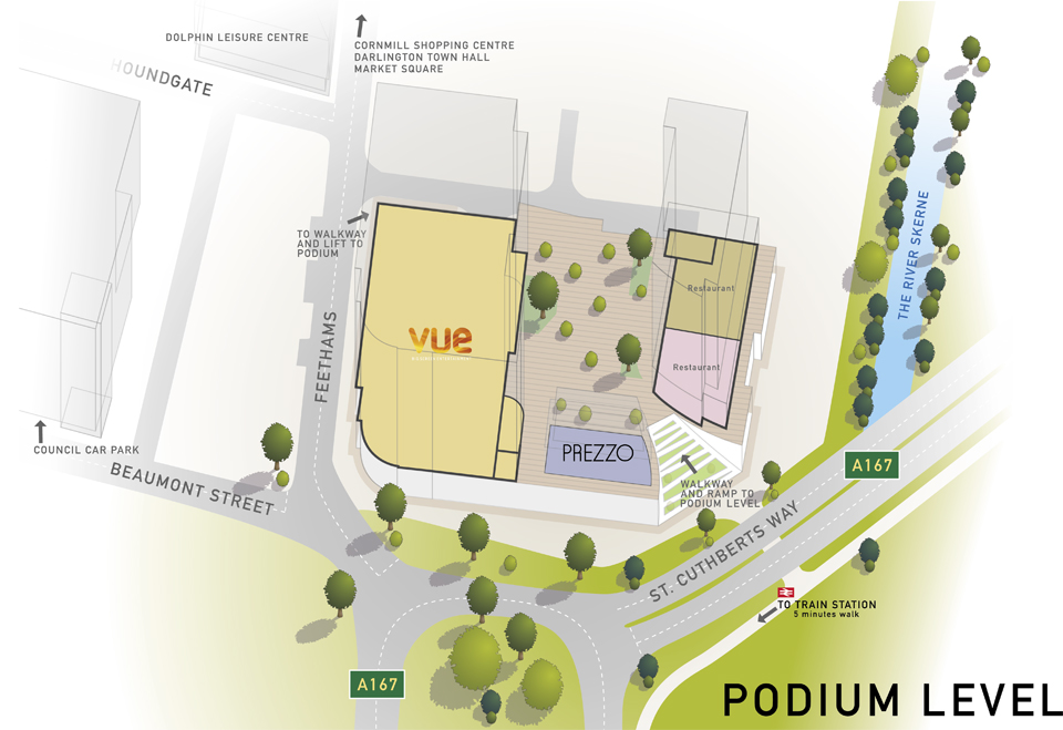 Illustrated map of the Feethams Shopping development in Darlington