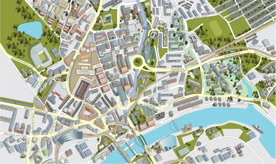 Illustrated map of Newcastle city centre
