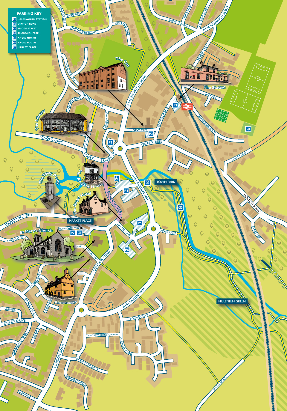 Illustrated map of Halesworth in Suffolk