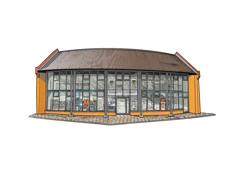 Illustration of the library in Halesworth for the illustrated map of Halesworth in Suffolk